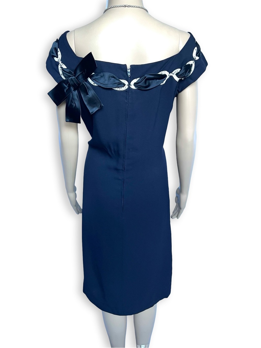 Vintage 1960s Navy Blue Wool Gabardine Dress Rhinestone White Beaded Neckline L
